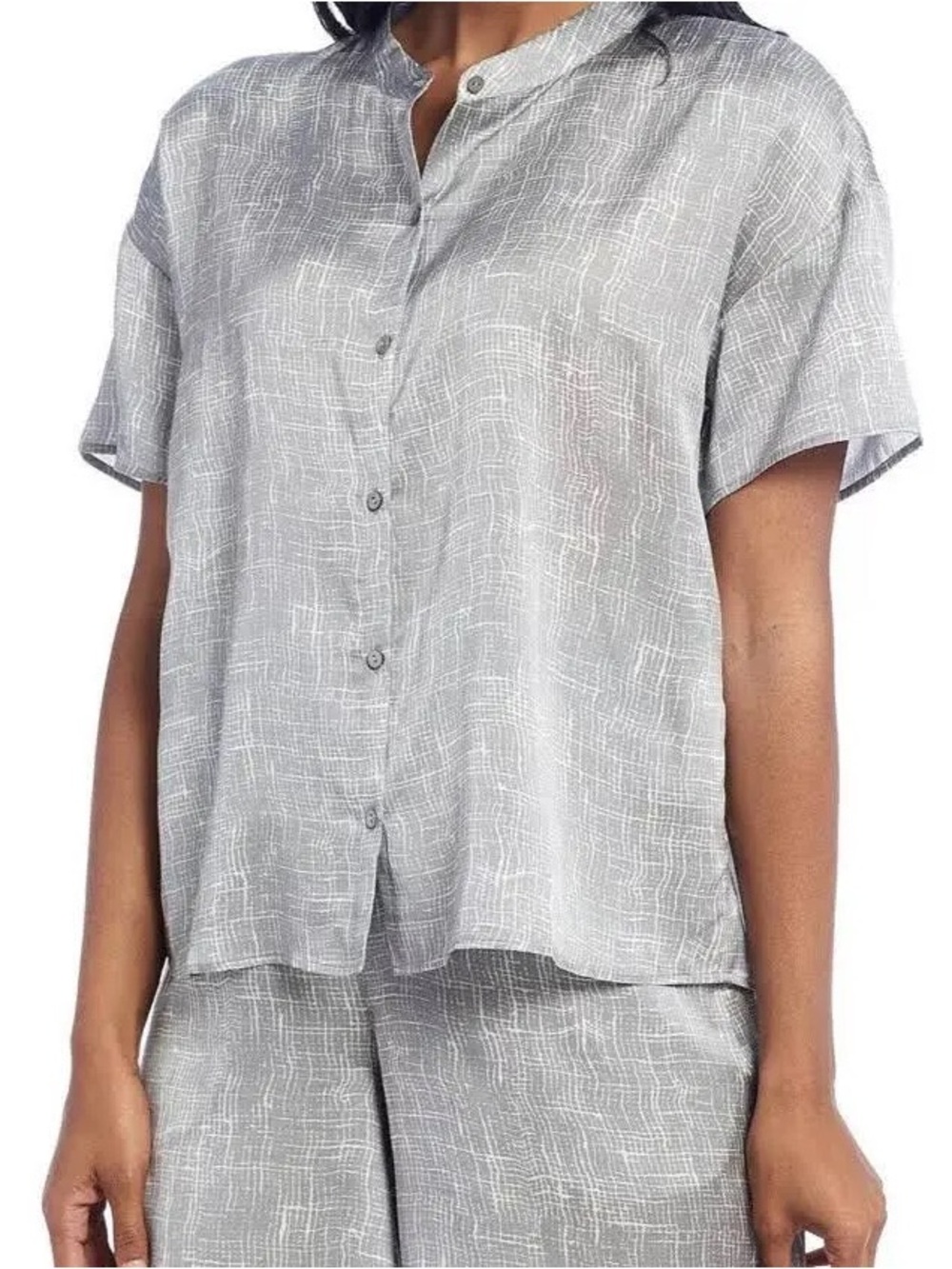 Eileen Fisher Light Gray Textured Short-Sleeve Button Shirt